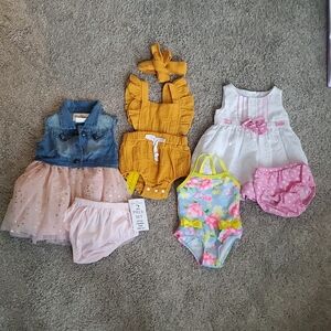 Baby Girl Swim And Sets, Pink Denim Vested Dress, White Dress, Marigold Romper